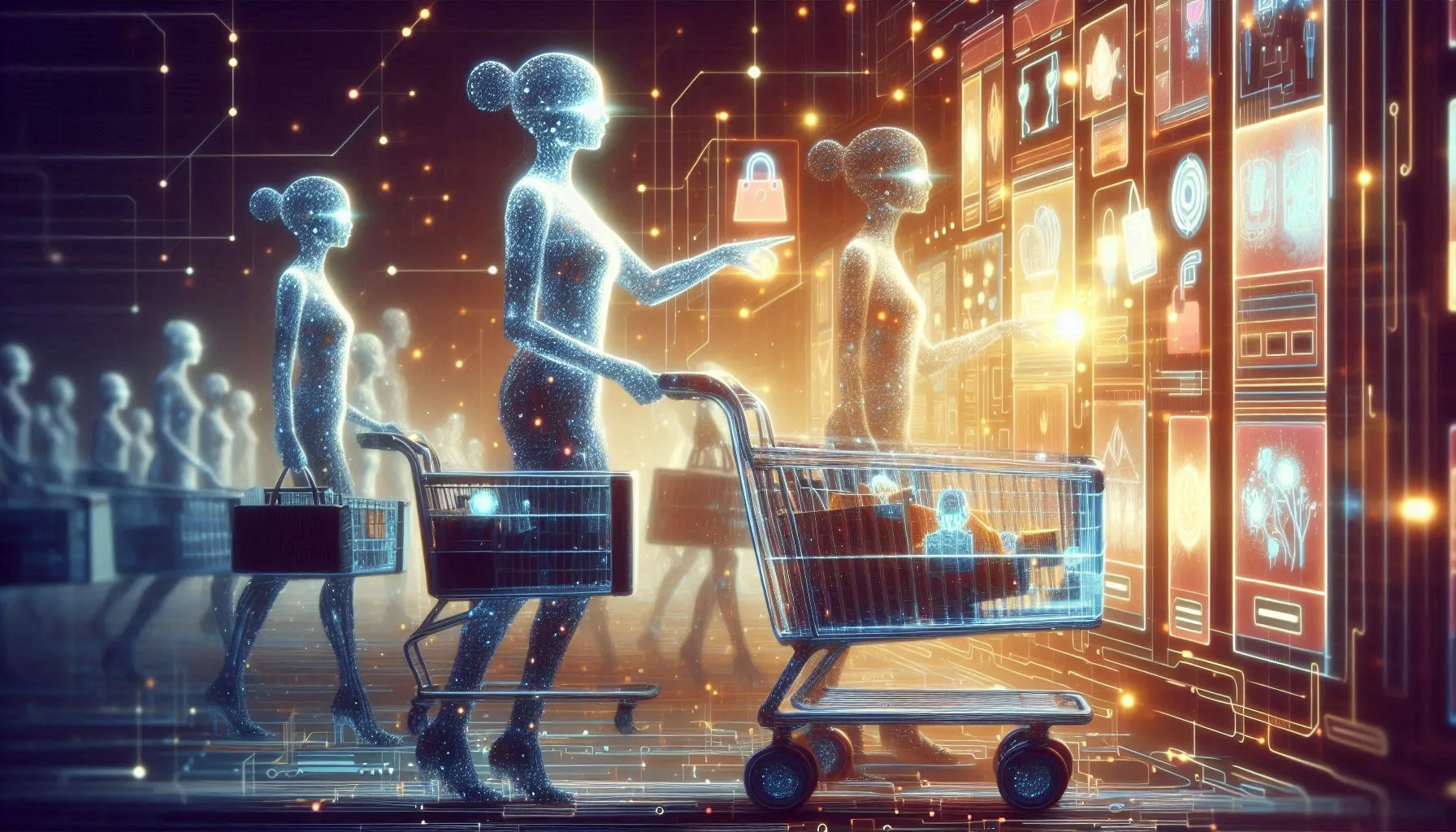 A few luminous AI agents shopping with carts picking clearly retail items from glowing website scree